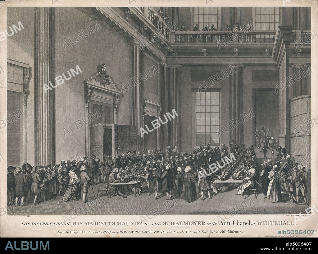 Distribution of His Majesty's Maundy Ante Chapel at Whitehall, James Basire, 17301802, British, after Samuel Hieronymus Grimm, 17331794, Swiss, 1789, engraving, Sheet: 16 7/8 x 24 5/8in. (42.9 x 62.5cm), dinner, food, meal.