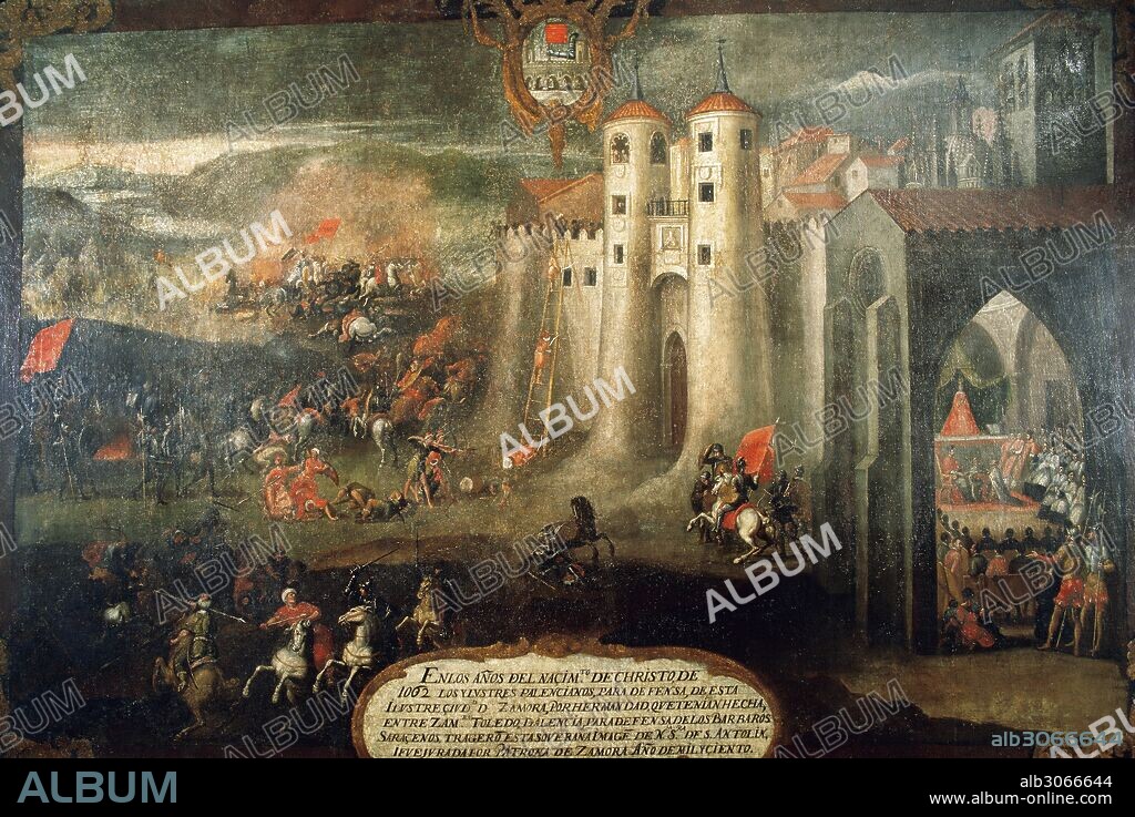 HISTORIA PENINSULA IBERICA. EPOCA RECONQUISTA. EDAD MEDIA. "DEFENSA DE LAS MURALLAS DE LA CIUDAD DE ZAMORA. LUCHA ENTRE TROPAS CRISTIANAS Y SARRACENOS. AÑO 1062". Traslación de Nuestra Señora de San Antolín a Zamora por los palentinos. (Siglos XVII-XVIII). Oleo sobre lienzo. 190 x 270 cm. Parroquia de San Vicente (Zamora). Castilla-León. España.