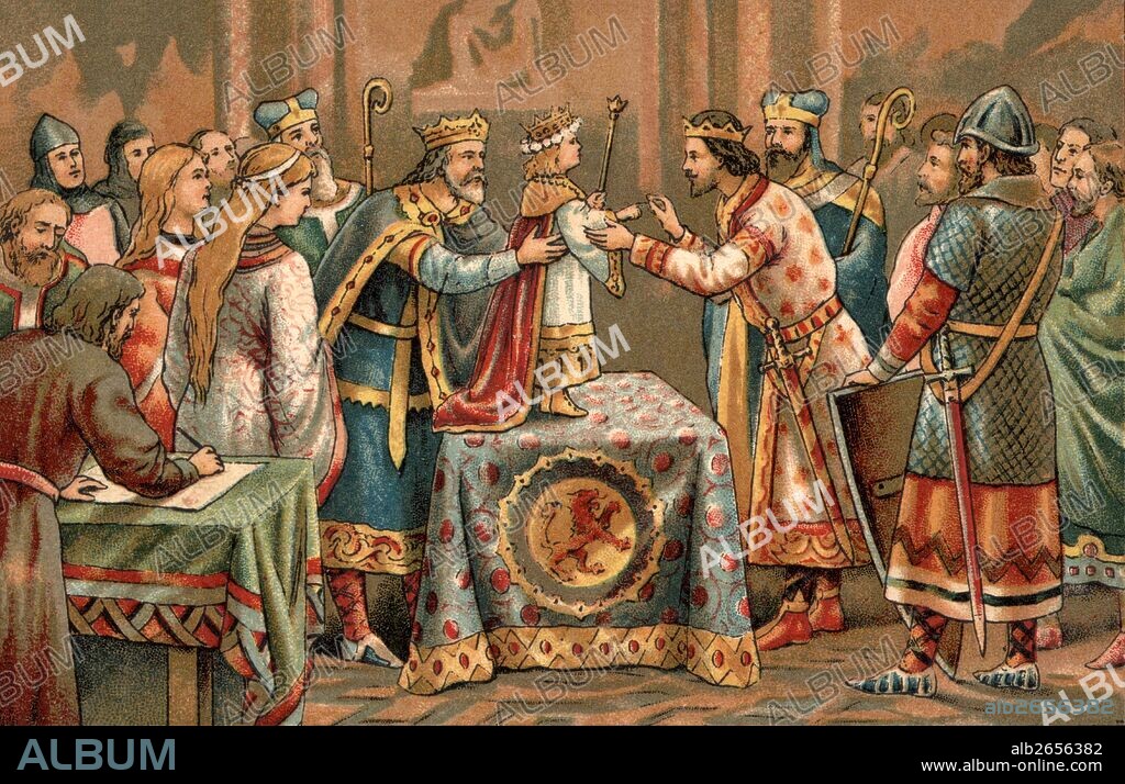 Historia de Catalunya. Compromiso del Conde de Barcelona Ramon Berenguer IV con Petronila de Aragón en 1137. Cromo editado en 1905.