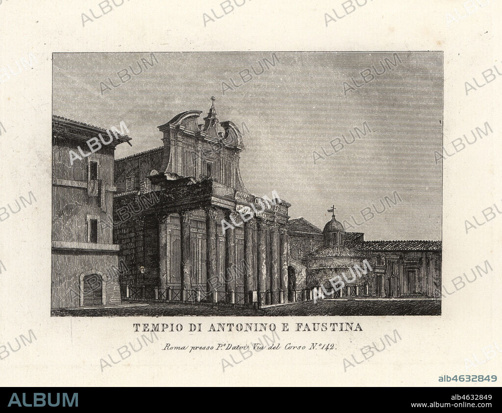 View of the Temple of Antoninus and Faustina, Tempio di Antonino e Faustina, Roman Forum, Rome. Copperplate engraving from Pietro Datri's New Collection of Principal Views of Rome Ancient and Modern with the ruins of war, Rome, 1849.