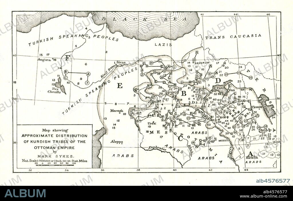 'Map showing Approximate Distribution of Kurdish Tribes of the Ottoman Empire', c1915. Diagram by British writer, soldier and diplomatic advisor Mark Sykes (1879-1919), showing groupings of tribes including 'Turkish speaking peoples', 'Lazis' and 'Arabs', in Turkey and neighbouring states, at that time part of the Ottoman Empire. From "The Caliphs' Last Heritage, a short history of the Turkish Empire" by Lt.-Col. Sir Mark Sykes. [Macmillan & Co, London, 1915].