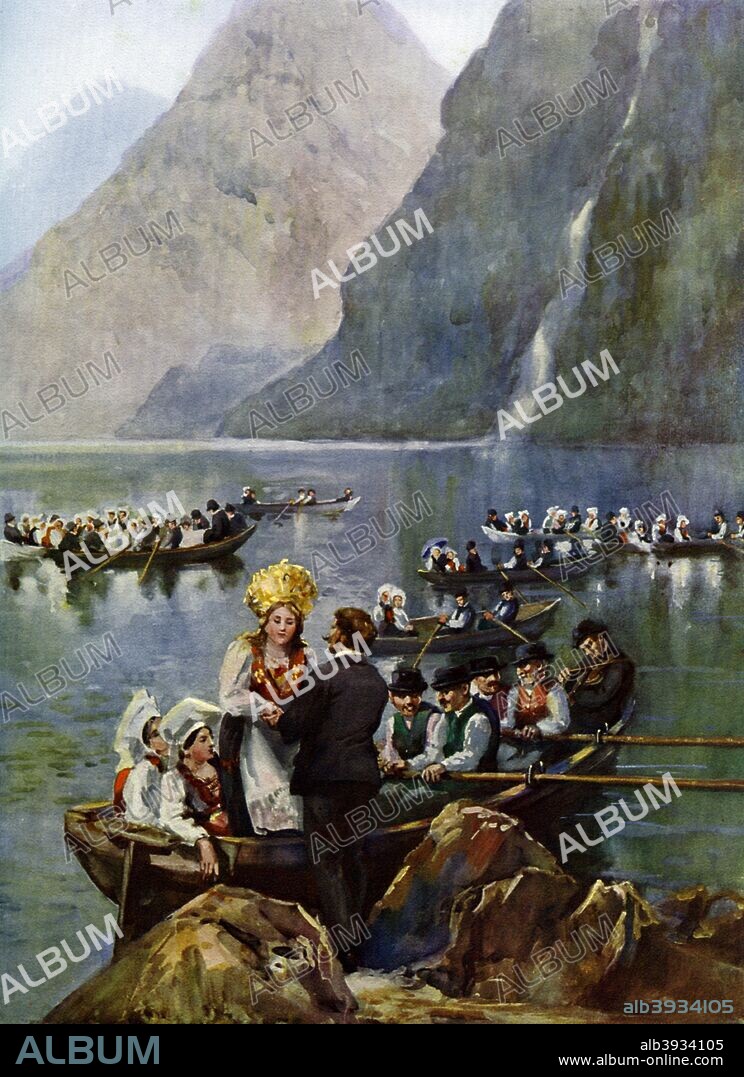 A wedding procession on boats, Norway. A print from Customs of the World, Volume II Hutchinson and Co, Paternoster Row, London.