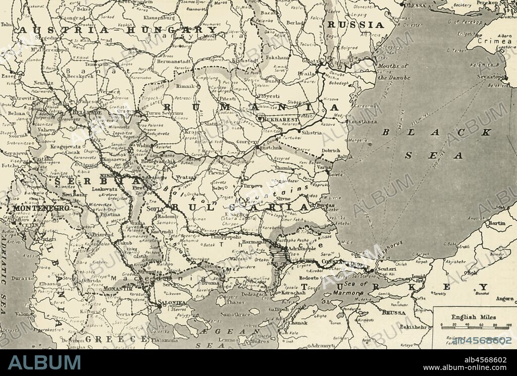 'Map Showing the Relation of Serbia to Neighbouring States', 1916. The Serbian campaign was fought from late July 1914, when Austria-Hungary invaded Serbia at the outset of World War I.  From "The War Illustrated Album De Luxe - Volume IV. The Summer Campaign - 1915", edited by J. A. Hammerton. [The Amalgamated Press, Limited, London, 1916].