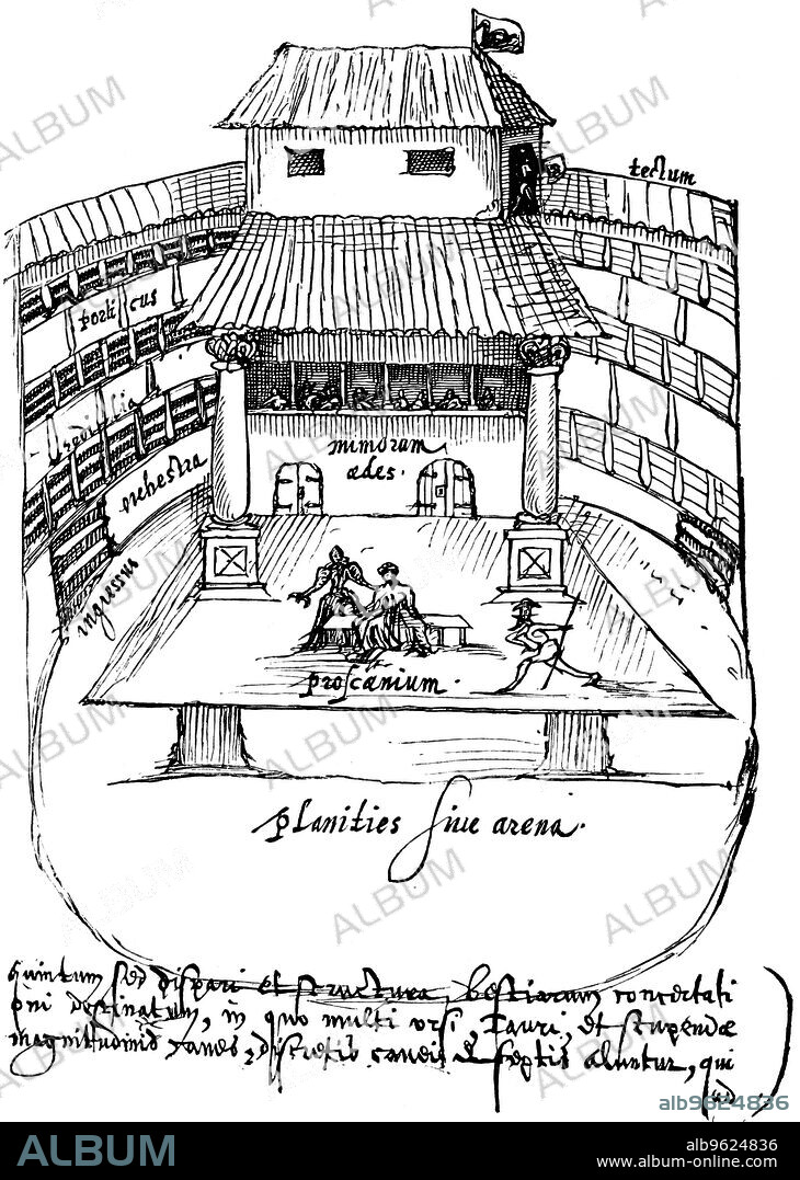 Interior of the Swan Theatre, Bankside, London, 1596. The Swan theatre was built by Francis Langley in c1595. The last known mention of the theatre dates from 1632. A copy of a drawing by Johannes de Witt, made by Aernout van Buchel.