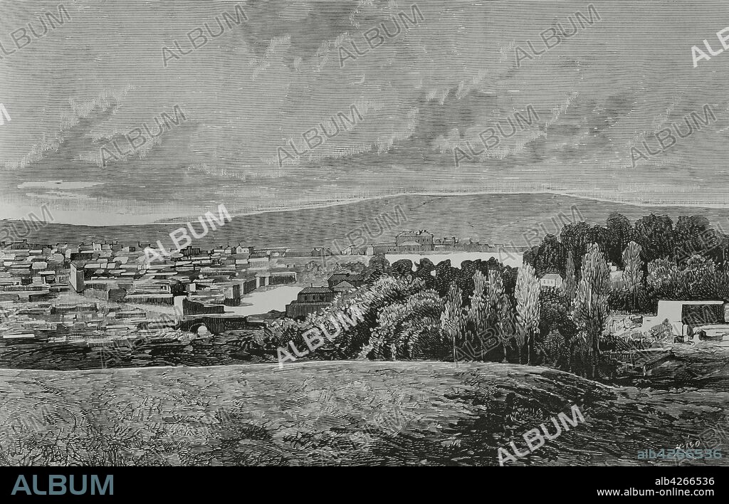 Africa. Argelia. Vista de Geryville (nombre de la localidad durante la colonización francesa de Argelia, la actual El Bayadh), en el límite septentrional del"Pequeño Sáhara", cerca de Saida. Grabado por Bernardo Rico y Ortega (1825-1894). La Ilustración Española y Americana,8 de Julio de 1881.