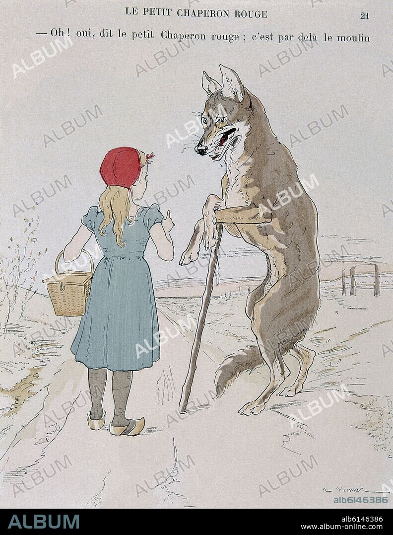 LA CAPERUCITA ROJA - DIBUJO PARA CUENTO DE PERRAULT - CAPERUCITA Y EL LOBO - SIGLO XX.