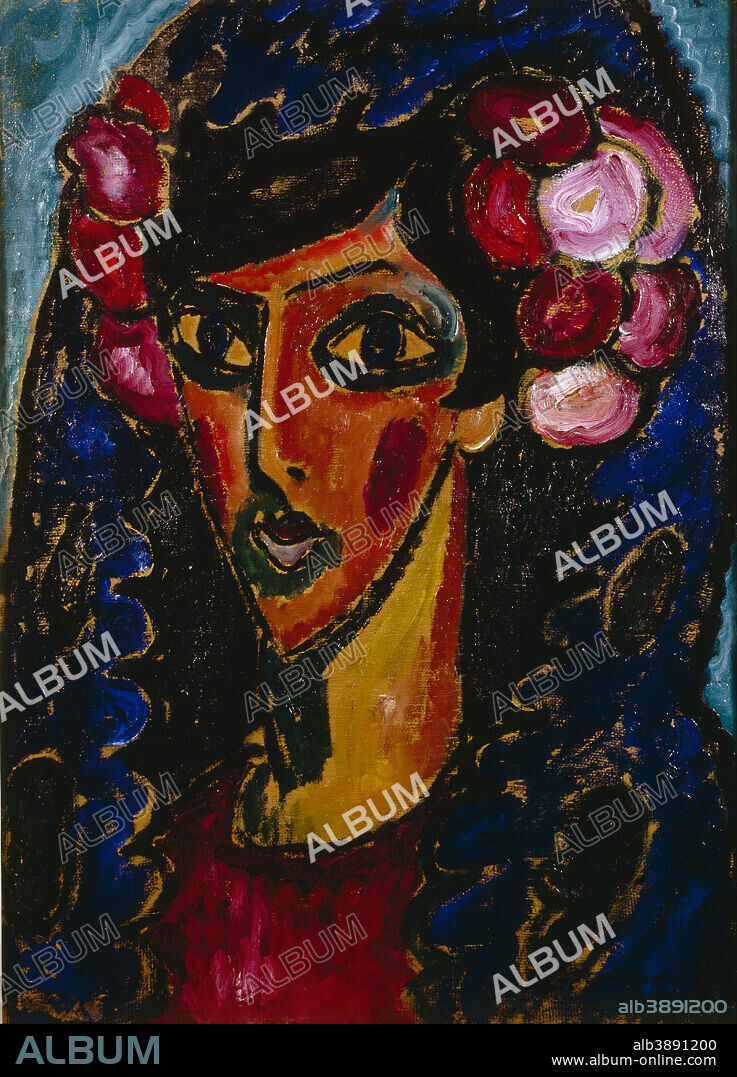ALEXEJ VON JAWLENSKY. Die blaue Mantilla The Blue Mantilla. Date/Period: 1913. Painting. Oil on cardboard. Height: 685 mm (26.96 in); Width: 495 mm (19.48 in).