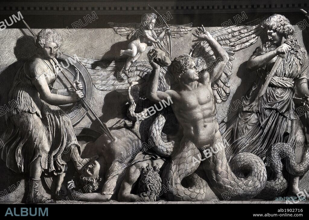 Pergamon Altar. Yadegar Asisi (born 1955). Artistic attempt to restore the North Frieze using the part of the frieze not shown in the panorama in order to complete the figures and scenes. Aphrodite and Eros fighting with a giant. The goddess pulls a lance out of a dead giant. Pergamon Museum. Berlin. Germany.