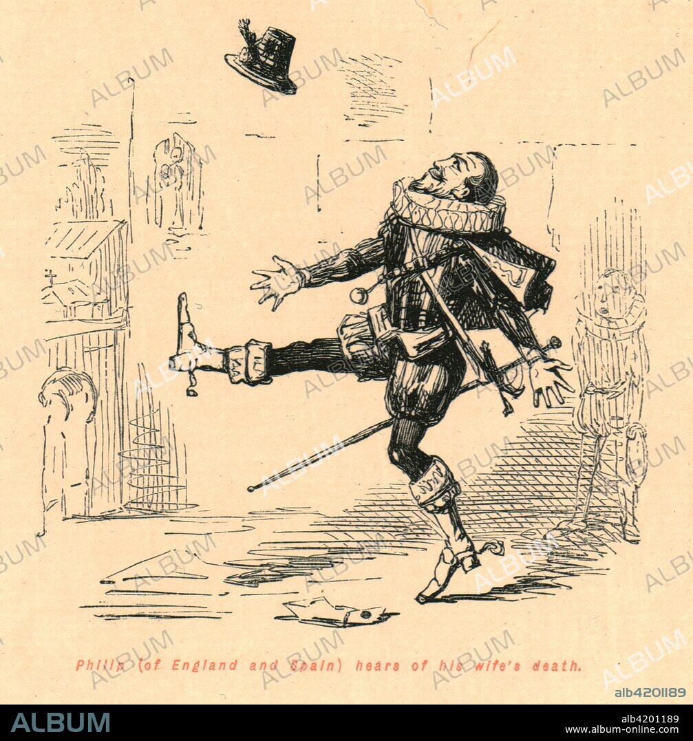 'Philip (of England and Spain) hears of his wife's death', 1897.Philip celebrates by throwing his hat in the air. (King Philip II of Spain (1527-1598) married Queen Mary I of England (1516-1558) in 1554). From "The Comic History of England" by Gilbert Abbott A Beckett, with satirical illustrations by John Leech. [Bradbury, Agnew & Co, London, 1897].