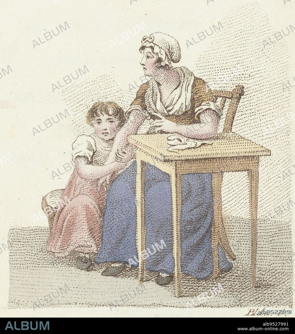 Maria and maid are sitting at a table. Attached to the print is the title page entitled The Motherless Mary, a story from which the dear children can learn that goodness and virtue find their reward in everyone's position, Mary and maid sit at a table The Motherless Mary (series title), print maker: Johannes Alexander Rudolf Best, publisher: Gerrit Jan Adriaan Beijerinck, (mentioned on object), Amsterdam, 1807 - 1823 and/or 1823, paper, etching, h 134 mm × w 84 mm.