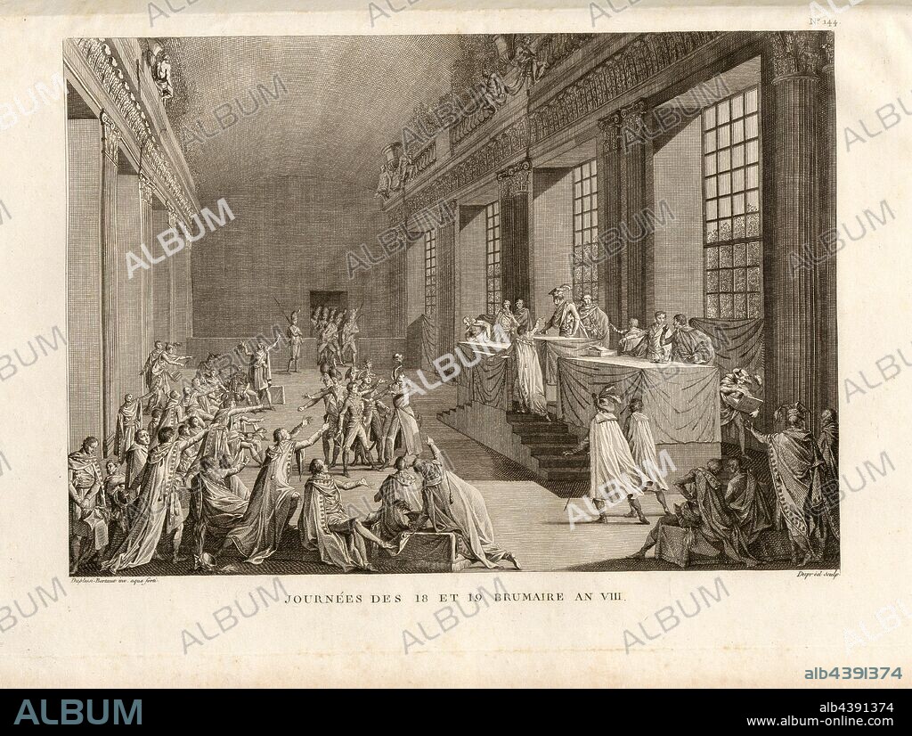 Days of 18 and 19 Brumaire year VIII., Napoleon Bonaparte in Saint-Cloud in the coup d'état of the 18th Brumaire VIII in November 1799, signed: Duplessi-Bertaux inv. Aqua forti; Dupréel sculp, Fig. 77, no. 144, after p. 424 (cent-quarante-quatrième tableau), Duplessi-Bertaux, Jean (inv. aqua forti); Dupréel, Jean-Baptiste-Michel (sc.), Collection complète des tableaux historiques de la Révolution française en trois volumes [...]. Bd. 2. A Paris: chez Auber, Editeur, et seul Propriétaire: de l'Imprimerie de Pierre Didot l'aîné, an XI de la République Francçaise M. DCCCII.