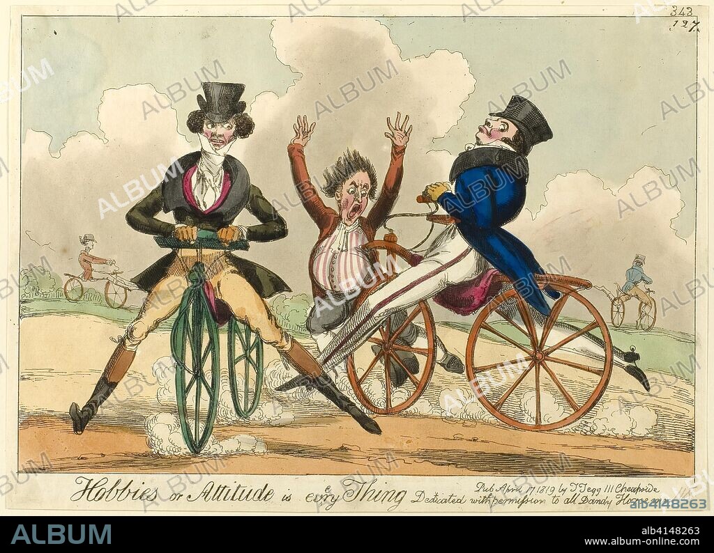 Hobbies or Attitude is Everything, Dedicated with permission to all Dandy Horsemen. Attributed to William Heath (English, 1794-1840); published by Thomas Tegg (English, 1776-1845). Date: 1819. Dimensions: 225 × 312 mm (image); 232 × 323 mm (sheet, trimmed within platemark). Hand-colored etching on ivory wove paper. Origin: England.