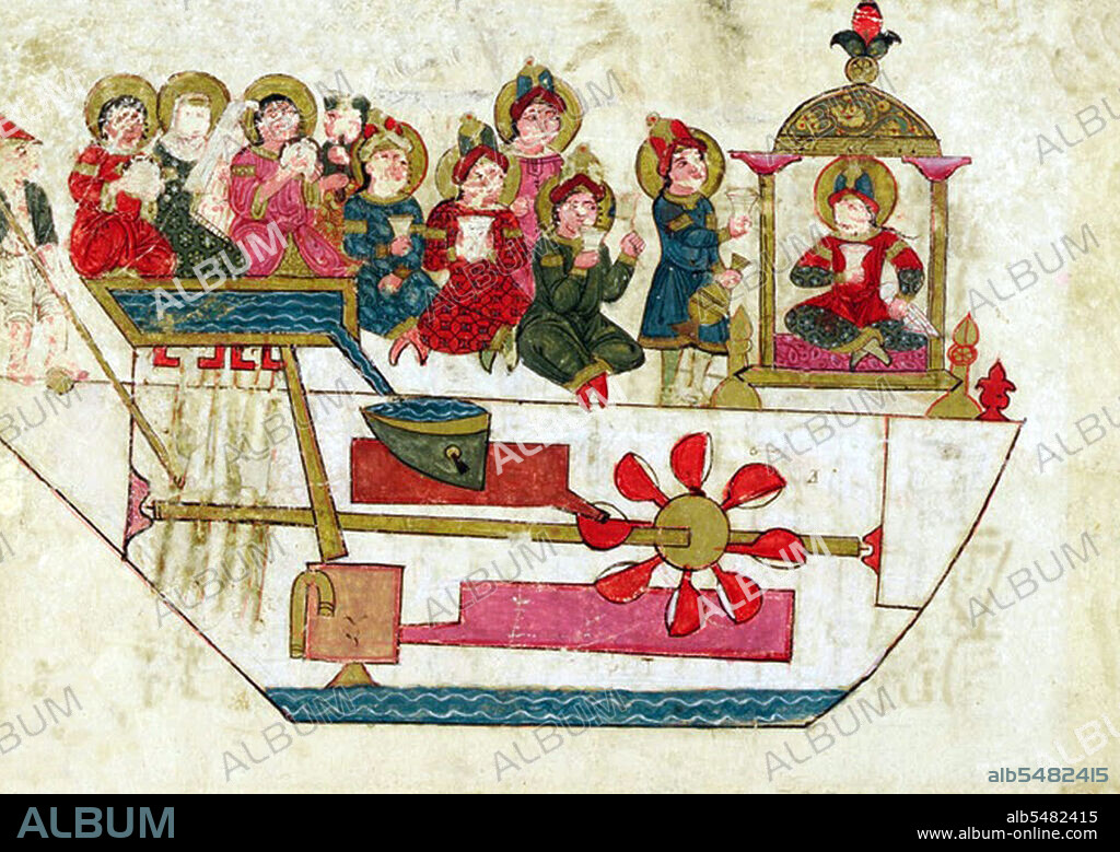 A painting on paper in color and gold leaf from al-Jazari's ' Kitab fi marifat al-hiyal al-handasiyya' (The Book of Knowledge of Ingenious Mechanical Devices). Abu al-'Iz Ibn Isma'il ibn al-Razaz al-Jazari (1136–1206) was a polymath: a scholar, inventor, mechanical engineer, craftsman, artist, mathematician and astronomer from Al-Jazira, Mesopotamia, who worked in service of the Artuqid dynasty in Diyarbakir, Asia Minor. He is best known for writing the Kitáb fí ma'rifat al-hiyal al-handasiyya (Book of Knowledge of Ingenious Mechanical Devices) in 1206, where he described fifty mechanical devices along with instructions on how to construct them.