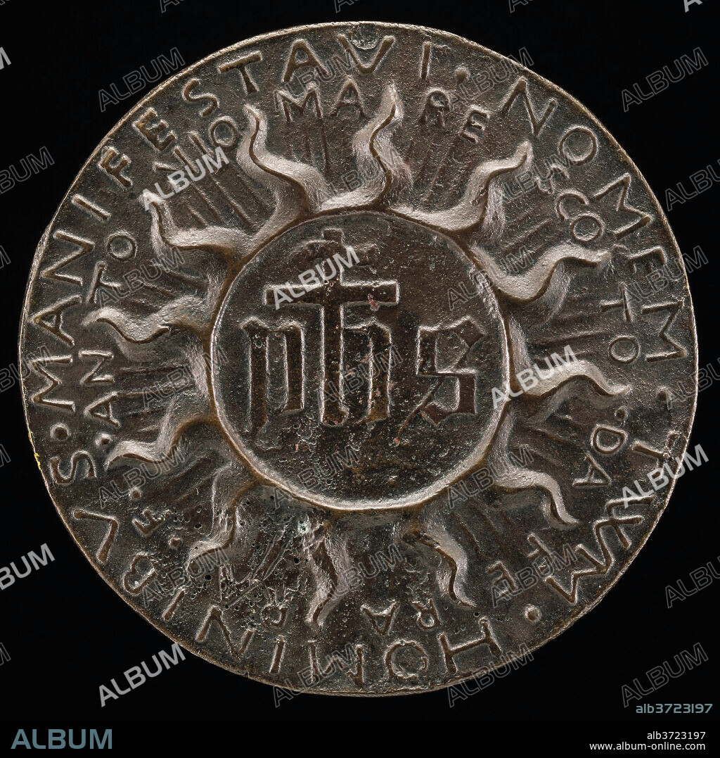 ANTONIO MARESCOTTI. The Trigram IHS in a Flaming Halo [reverse]. Dated: c. 1444/1462. Dimensions: overall (diameter): 7.71 cm (3 1/16 in.)  gross weight: 139.81 gr (0.308 lb.)  axis: 12:00. Medium: bronze//After-cast.