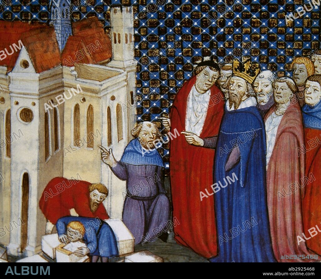 DAGOBERTO I (h.600-Saint Denis, 639). Rey de los francos (629-639), hijo de Clotario II y Bertruda GRANDES CRONICAS DE FRANCIA. Miniatura del siglo XIV con la representación de "DAGOBERTO I ACOMPAÑADO DE SU CORTE ASISTE A LA CONSTRUCCION DE UNA IGLESIA QUE PERMITIRA ESTIRPAR EL PAGANISMO Y CONTRIBUIR A LA EVANGELIZACION. EL PERSONAJE ARRODILLADO PODRIA SER SAN ELIAS". Castillo de Chantilly. Francia.