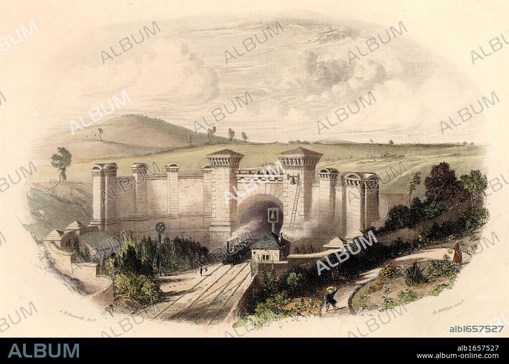 Primrose Hill Tunnel near London, on the London and Birmingham Railway, opened in 1838. Engineer Robert Stephenson (1803-1859)  Built through difficult London clay, the 3/4 mile tunnel cost £240,000.  The portal cost £7,000. Picture shows elementary signally by bells, policeman with flag, and early rotating disc on a standard. From "The British Gazeteer" (London, 1852).  Engraving.   (Photo by: Universal History Archive/UIG via Getty Images).