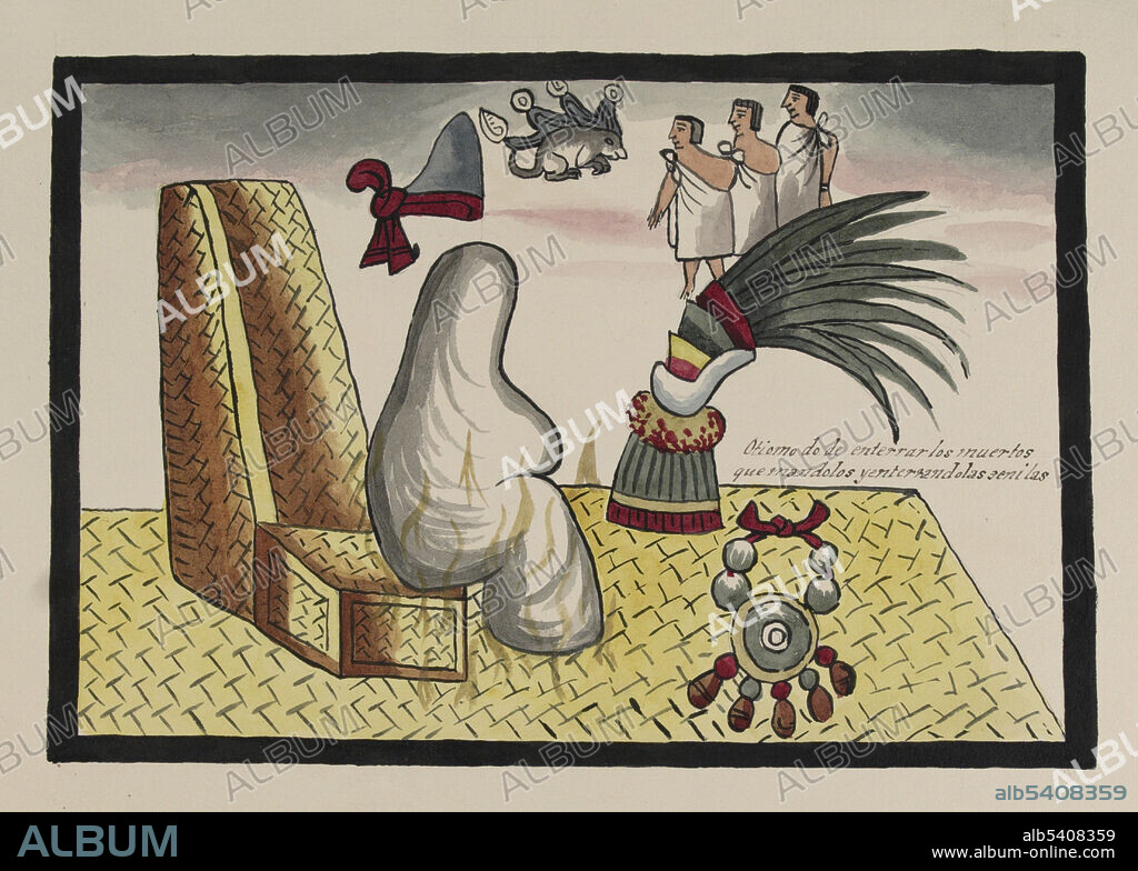 Otiomo do de enterrar los muertos que inandolos y enterrar ando las senilas. A mummy sitting on a throne made of woven material, an ornament made of quetzal feathers, a jade necklace and three men in the background. The three men represent the slaves who were sacrificed when an emperor died. The Tovar Codex (16th century) contains detailed information about the rites and ceremonies of the Aztecs. The codex is illustrated with 51 full-page paintings in watercolor. Illustration taken from a 19th century transcript of Juan de Tovar's Historia de la benida de los yndios apoblar a Mexico (the Co´dice Tovar).