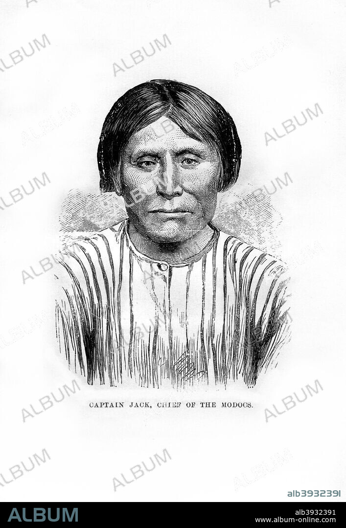 Captain Jack, chief of the Native American Modoc tribe, 1872. Captain Jack (c1840-1873), whose Native American name was Kintpuash, was the leader of the Modoc tribe. The US Army tried to force the Modoc back to a reservation in Oregon. Their resistance led to the Modoc War of 1872-1873. Captain Jack surrendered on 1 June 1873, was tried for murder and hanged. Engraving from John Gilmary Shea's A Child's History of the United States, Hess and McDavitt, (New York, 1872).