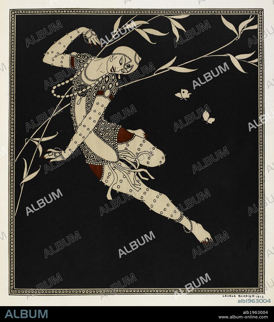 GEORGE BARBIER. "L'Oiseau de Feu". The Firebird is a 1910 ballet created by the composer Igor Stravinsky and choreographer Michel Fokine. The ballet is based on Russian folk tales. A heavily jeweled dancer is shown. Designs on the Dances of Vaslav Nijinsky ... Foreword by Francis de Miomandre, translated from the French by C. W. Beaumont. London, Paris [printed], 1913. Source: L.R.28.a.14, plate 1.