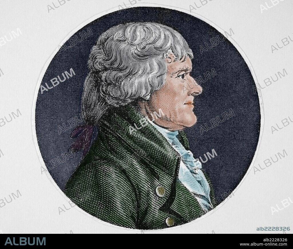 Thomas Jefferson (1743-1826). American Founding Father, the principal author of the Declaration of Independence (1776) and de third President of the United State (1801-1809). Colored engraving.