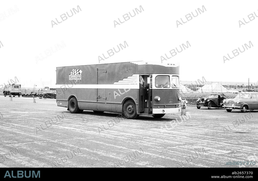 Briggs Cunningham team's stupendous American transporter in the paddock, British Grand Prix, Silverstone, England 18 July 1953.