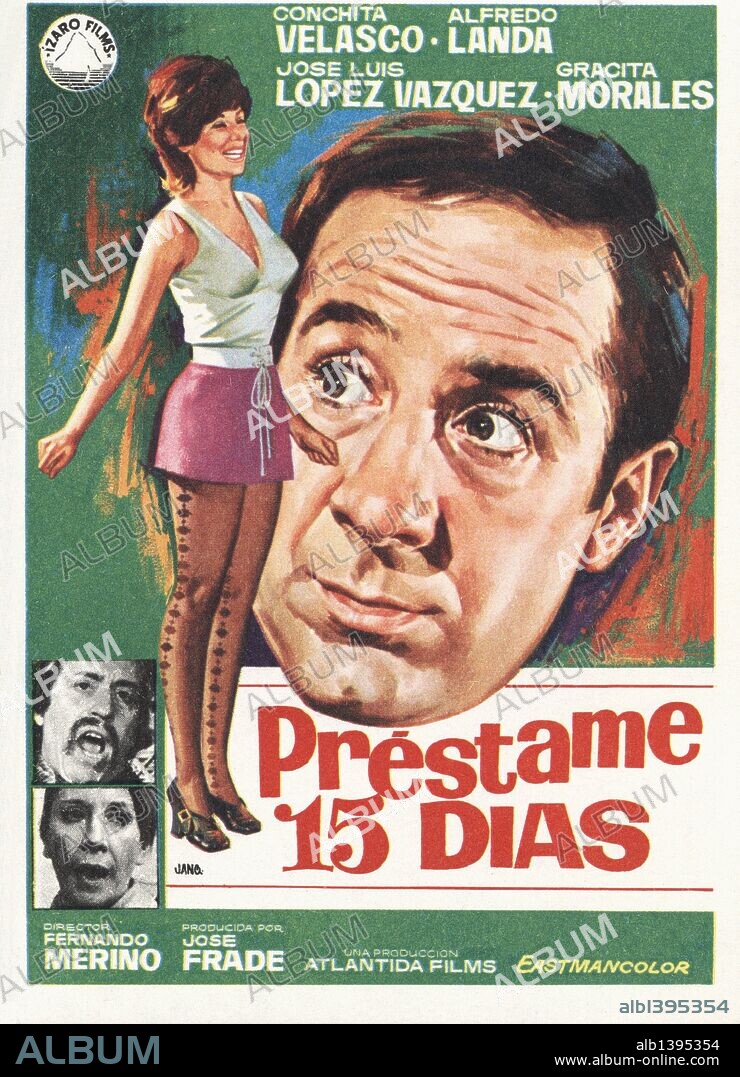 Cartel de la película Préstame 15 Días, ilustrado por Jano, con Conchita Velasco, Alfredo Landa y José Luis López Vázquez, dirigida por Fernando Merino. España, 1971.