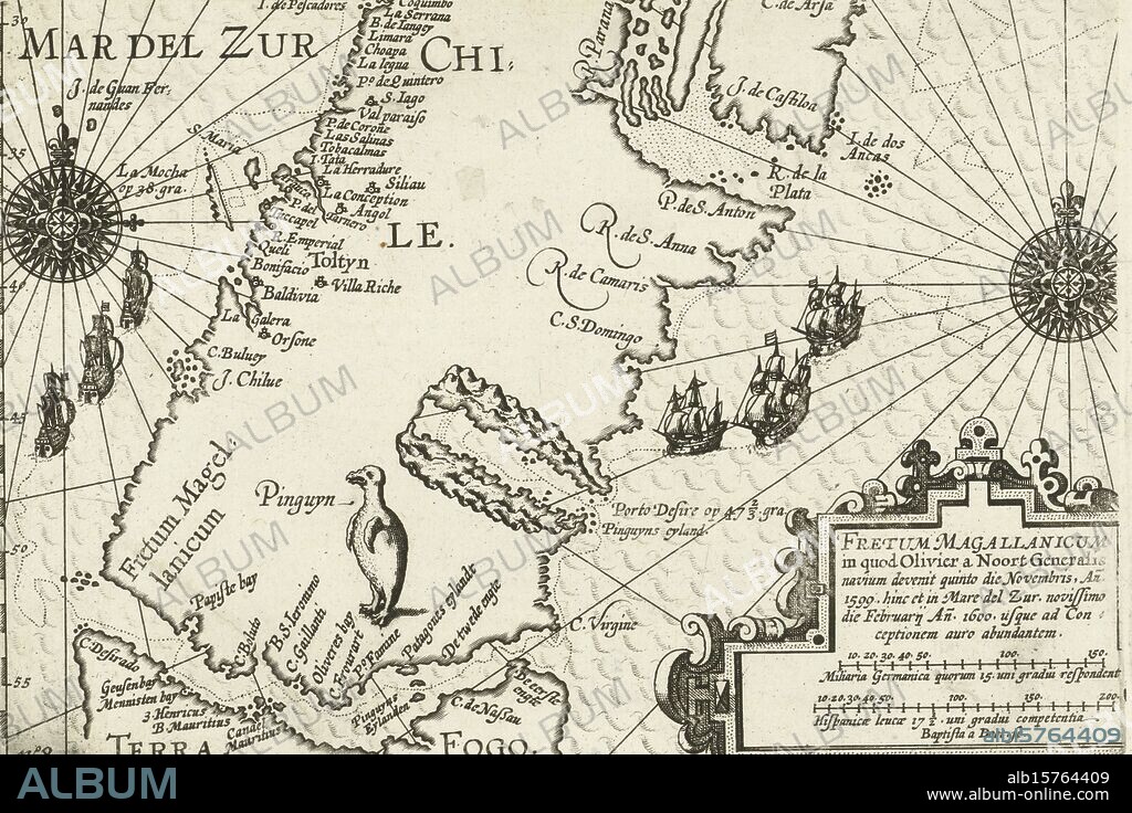 Map of the southern tip of South America with the Strait of Magellan, 1599-1600, Fretum Magallanicum (title on object), Map of the southern tip of South America and the Strait of Magellan, where Olivier van Noort's expedition arrived in November 1599 and funeral again in February 1600. The route of the three ships is plotted on the map. A penguin on land. Bottom right a cartouche with title and scales. Part of the illustrations in the report of the journey around the world by Olivier van Noort in 1598-1601. No. 8., print, print maker: Baptista van Doetechum, (mentioned on object), Northern Netherlands, 1601 - 1602 and/or 1646, paper, etching, engraving, height c. 145 mm × width c. 225 mm.