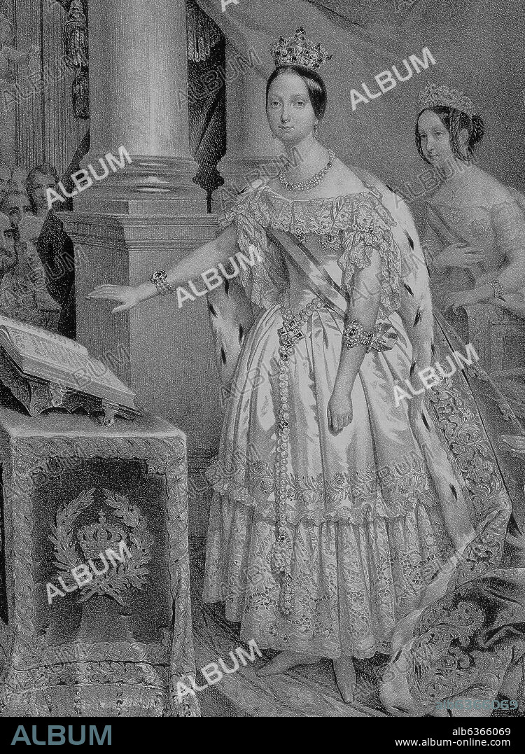 ANTOINE MAURIN. ISABEL II, LA REINA DE ESPAÑA, DECLARADA MAYOR DE EDAD PRESTANDO JURAMENTO A LA CONSTITUCION EL 10 DE OCTUBRE DE 1843 - GRABADO SIGLO XI.