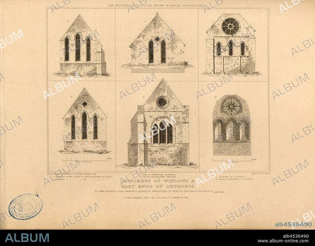Specimens of windows, Various stained-glass windows and east sides of churches, signed: Drawn by F. Mackenzie, I. A. Repton; Etch'd by J. Le Keux; Published by Longman & Co, Fig. 77, after p. 260, Mackenzie, F. (drawing); Repton, John Adey (drawing); Keux, John Le (etching); Longman & Co. (published), 1820, John Britton: The architectural antiquities of Great Britain: represented and illustrated in a series of views, elevations, plans, sections and details of various ancient English edifices: with historical and descriptive accounts of each. Bd. 5. London: J. Taylor, 1807-1826.