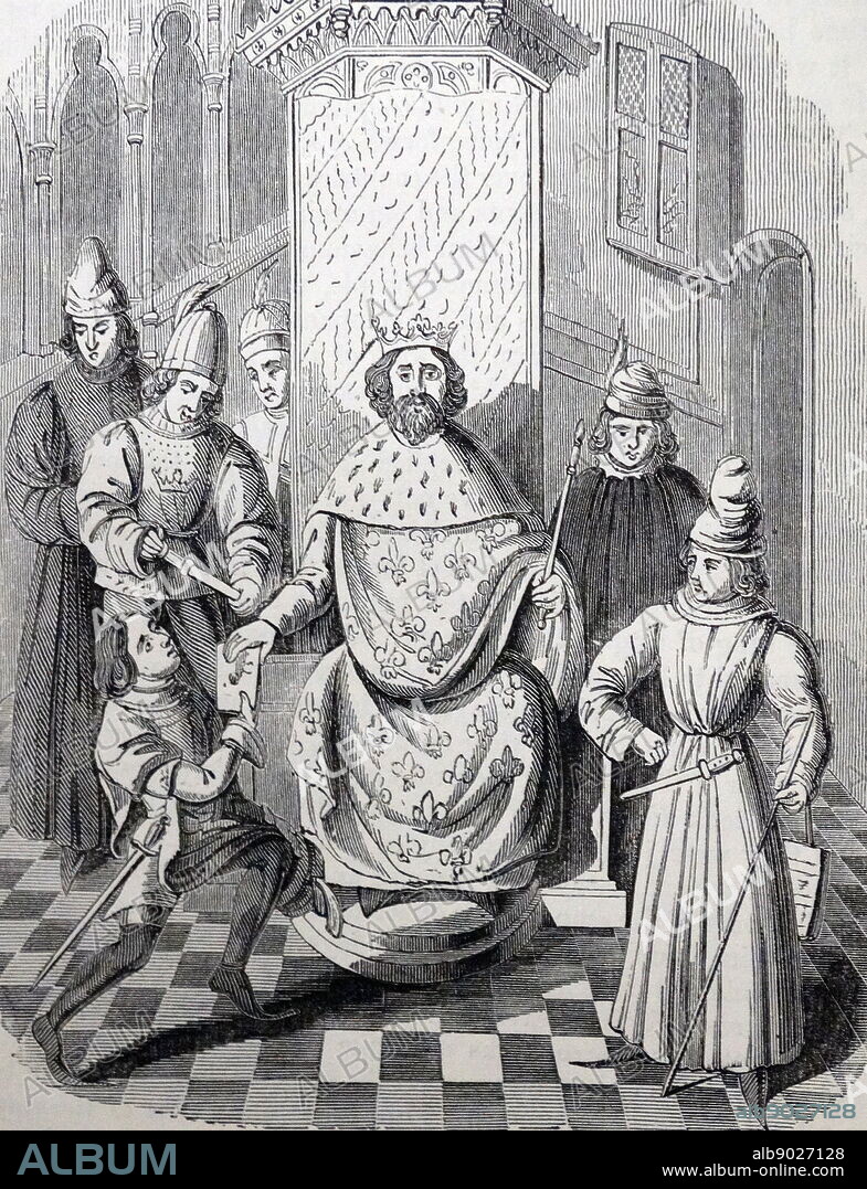 Engraved portrait of Edward, the Black Prince (1330-1376) first Duke of Cornwall, the Prince of Wales and the Prince of Aquitaine. Dated 14th Century.