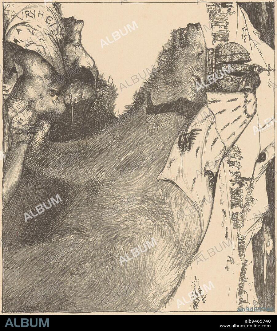 A man in an ermine cloak, Tsar Nicholas II of Russia, is holding his hands in front of his face. He is sitting on the back of a bear, a symbol of Russia, wearing a crown. Near the bear's legs lie an object bearing the inscription 'freedom' and a naked man with a knife in his mouth. In the background a procession of figures moves through a mountain landscape accompanied by riders on horseback, Czar Nicholas II of Russia on the Russian bear The Russian bear roars peace (original title)., print maker: Richard Nicolaüs Roland Holst, (mentioned on object), 12-May-1899, paper, h 287 mm × w 344 mm.