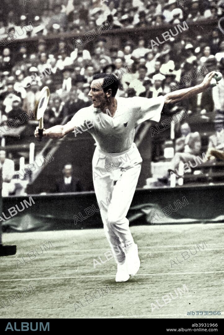 Fred Perry, 1934. A print from Wimbledon Story, by Norah Gordon Cleather, Sporting Handbooks Ltd, London, 1947. (Colorised black and white print).
