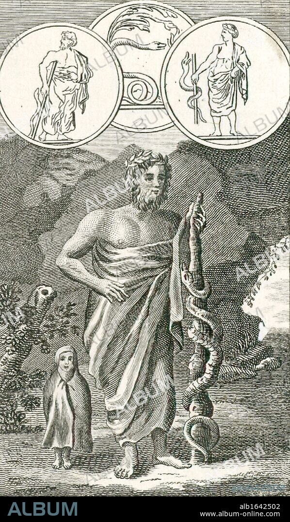 Aesculapius (Asklepios) Roman and Greek god of healing, son of Apollo and Hygeia, with his symbol of a serpent entwined round a staff. Engraving, 1798.