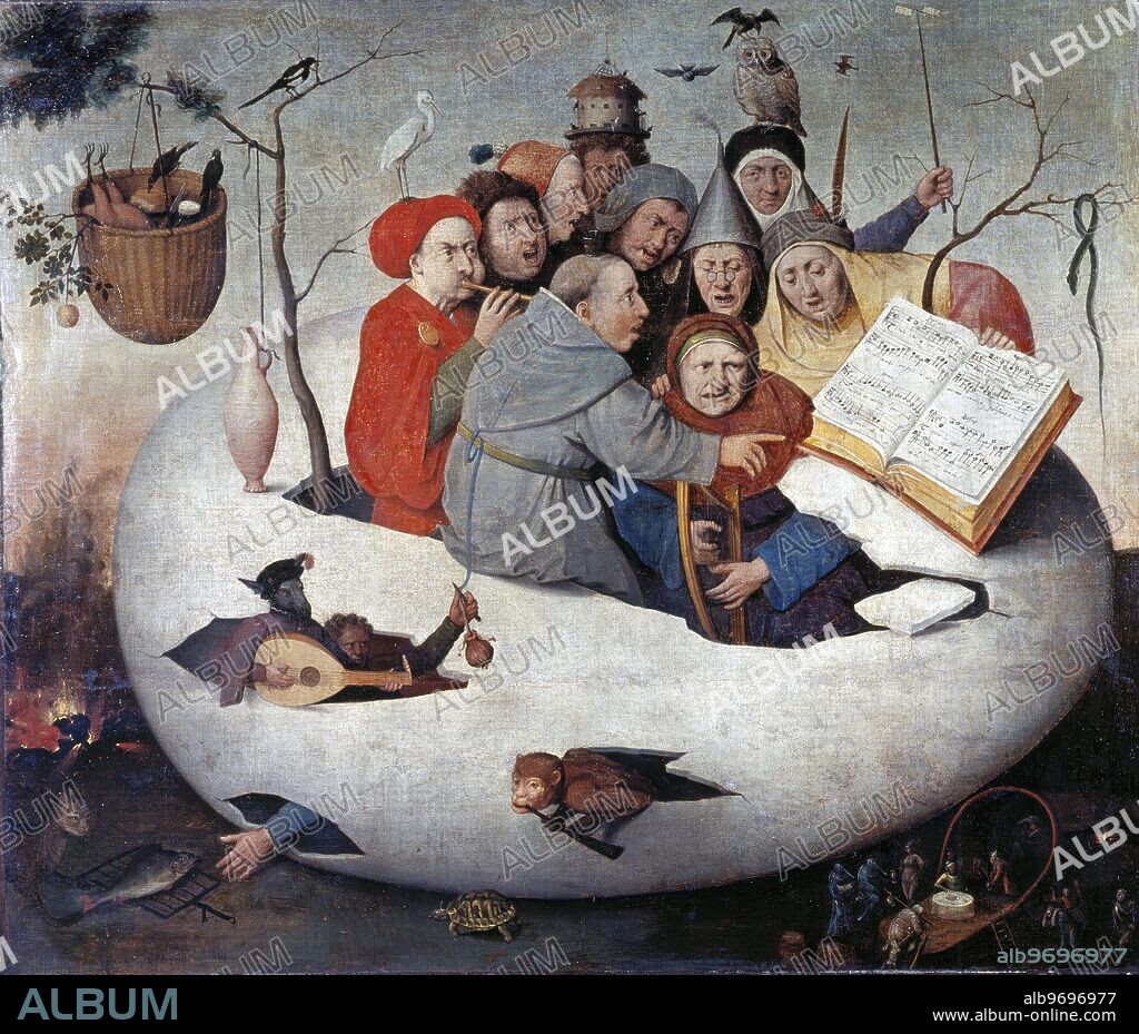The Concert in the Egg - . Hieronimus Bosch (1450-1516) . Hieronymus Bosch, also Jeroen Bosch, Jerome Bosch,(c. 1450 - August, 1516) was a prolific Dutch painter of the 15th and 16th century. Many of his works depict sin and human moral failings. Bosch used images of demons, half-human animals and machines to evoke fear and confusion to portray the evil of man. The works contain complex, highly original, imaginative, and dense use of symbolic figures and iconography, some of which was obscure even in his own time. He is said to have been an inspiration to the surrealism movement in the 20th century.. ©TopFoto.