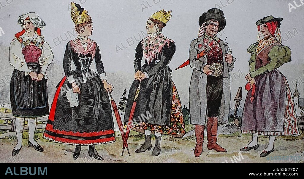 Mode, Trachten, Kleidung in Österreich um 1850, von links, Tracht im Gailtal, Kärnten, Tracht in Ischl und in Linz mit Linzer Goldhaube, Oberösterreich, Tracht in Lambach, Salzburger Alpen und Tracht in Klagenfurt, Kärnten, digital verbesserte Reproduktion einer Illustration aus dem 19. Jahrhundert.