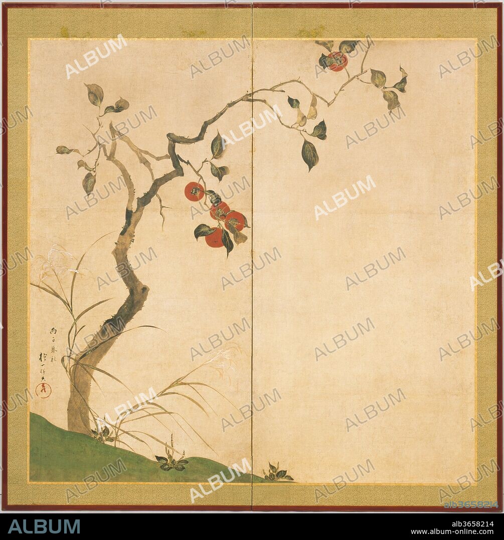 Persimmon Tree. Artist: Sakai Hoitsu (Japanese, 1761-1828). Culture: Japan. Dimensions: Image: 56 9/16 x 56 5/8 in. (143.7 x 143.8 cm)
Overall: 65 1/4 x 64 in. (165.7 x 162.6 cm). Date: 1816.
This painting, while exhibiting the trademark mottled-ink (tarashikomi) technique of the Rinpa school, reflects the artist's interest in Western-style realism, which is combined with sophisticated, graceful forms. The intricately curling leaves of the tree and grass evoke the cold sky of the clear fall day alluded to in the inscription, which dates the screen to late autumn 1816.
Hoitsu was born into a wealthy, influential samurai family and had all the advantages of the finest education, including the opportunity to study many of the painting styles available to artists in Edo Japan. He became a monk in 1797 and adopted the priestly name Monsen Kishin, which appears in the seal and signature on this screen.