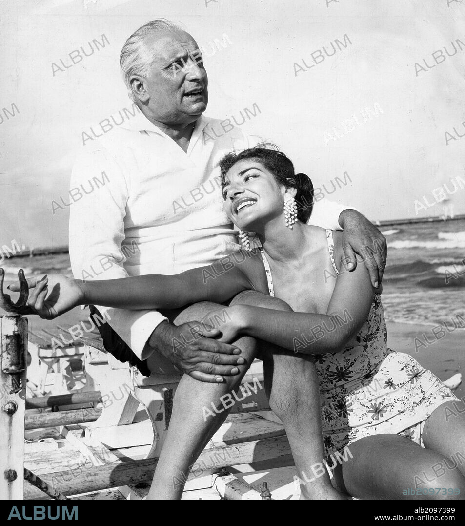MARIA CALLAS and GIOVANNI MENEGHINI. Jan. 1, 1951 - Rome, Italy - American-born Greek dramatic opera singer MARIA CALLAS. Upon her arrival in Verona, Italy, CALLAS met GIOVANNI BATTISTA MENEGHINI, an older, wealthy industrialist, who began courting her. They married in 1949, and he assumed control of her career until 1959, when the marriage dissolved. It was Meneghini's love and support that gave Callas the time needed to establish herself in Italy, and throughout the prime of her career, she went by the name Maria Meneghini Callas. PICTURED: Callas and Meneghini on vacation in Italy. (Credit Image: © Keystone Press Agency/ZUMA Wire). 1951