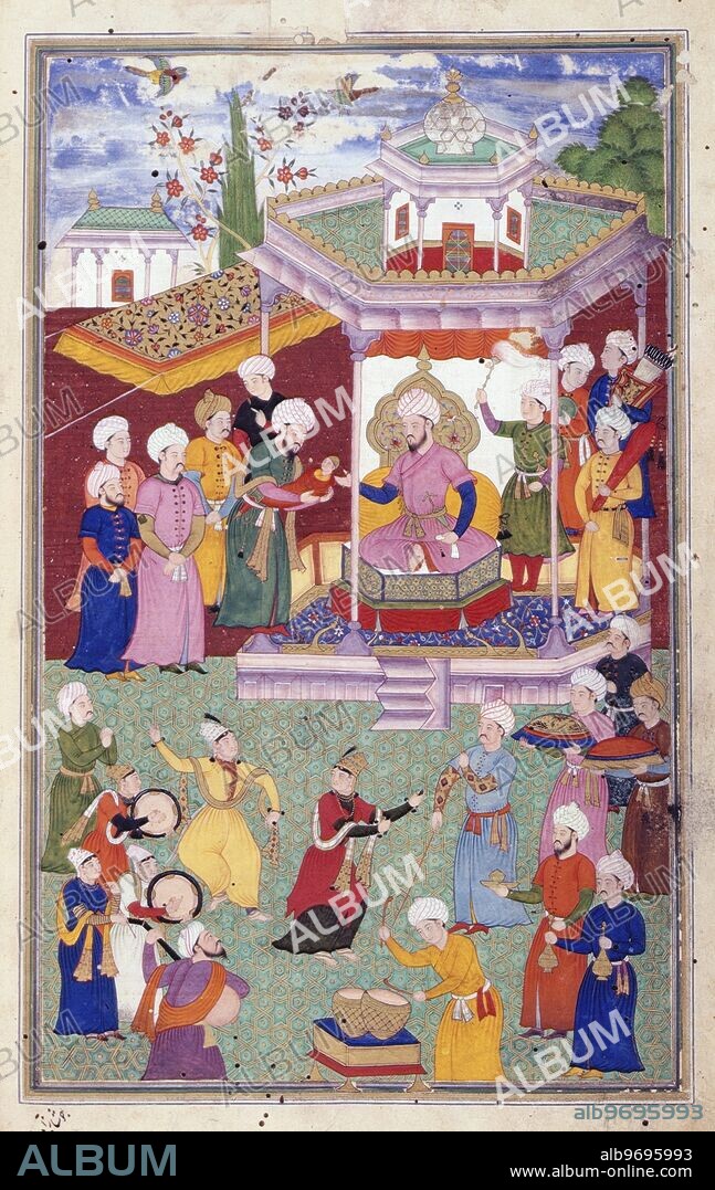 Shahrukh brought to Timur, 1377, (1600). The infant Shahrukh brought to Timur in Samarkand. Shah Rukh Mirza, the fourth and youngest son of Timur, became ruler of the eastern portion of the empire, governing most of Persia and Transoxiana between 1405 and 1447. Indian miniature painting from a seventeenth century manuscript of the 'Zafarnama' by Sharaf al-Din Yazdi.
