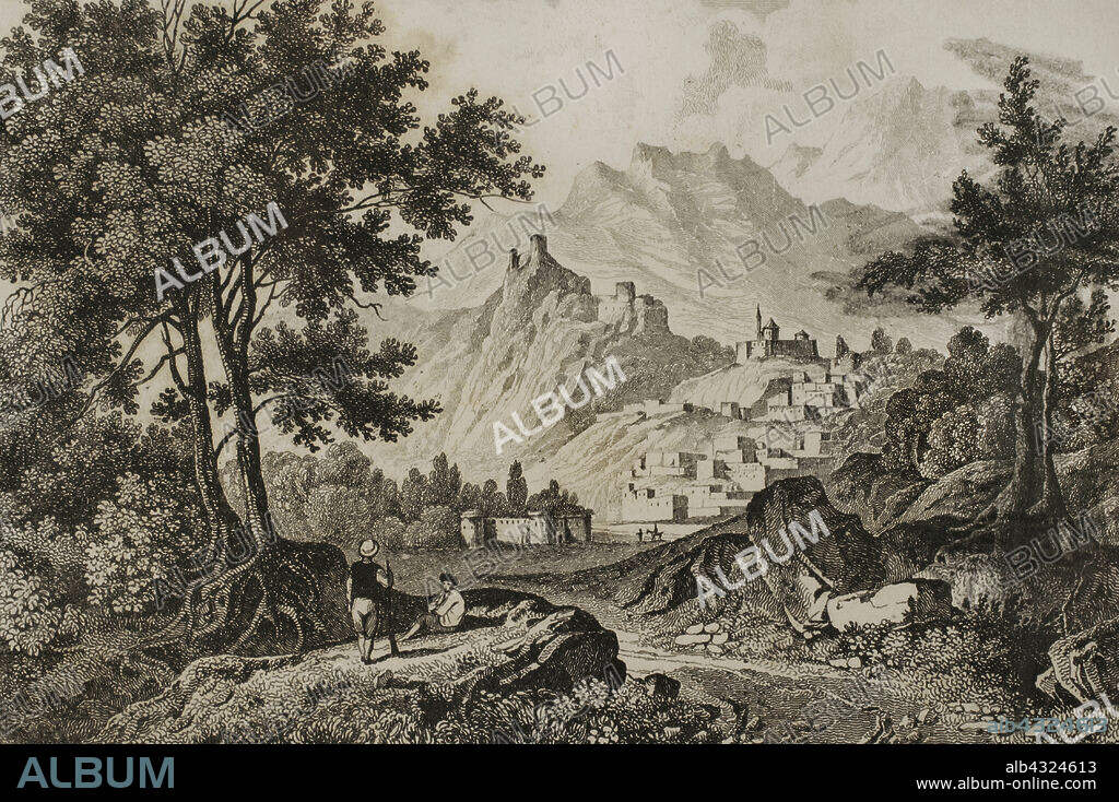 Armenia. Antigua ciudad de Gavar (Nor Bayezet). Grabado dibujado por Vanderburch. Panorama Universal. Historia de Armenia, 1838.