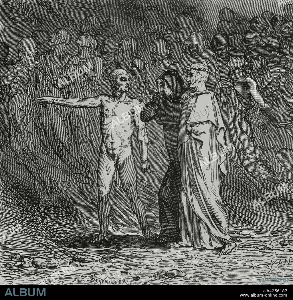 JEAN-EDOUARD DARGENT. KNOWN AS YANN DARGENT (1824-1899). FRENCH ARTIST.. La Divina Comedia (1307-1321). Poema épico escrito por el poeta italiano Dante Alighieri (1265-1321). El Purgatorio. "Así caminaba yo a través de aquel aire fosco y acre..." Ilustración por Yann Dargent (1824-1899). Grabado por Berveiller. Publicada en París, 1888.