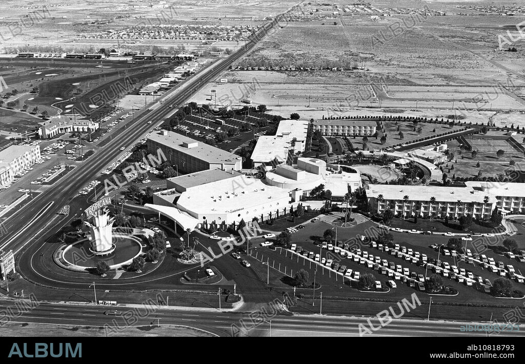 Las Vegas, Nevada, February 07, 1967 Aerial view of the Tropicana Hotel on Las Vegas Blvd. as it dominates the otherwise sparse end of the ""strip"".