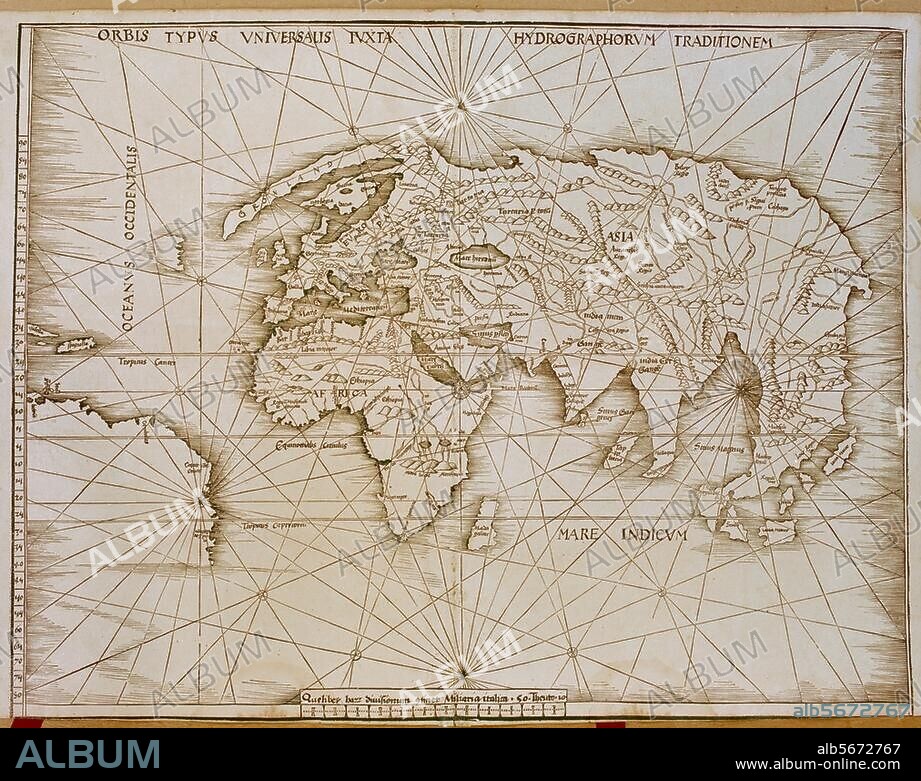 ANONYM. Geographie:. Karten / Weltkarten. "Orbis Typus Universalis Iuxta Hydrographorum Traditionem". Holzschnitt, 44,2 × 57,4 cm. Aus der Ptolemäus-Ausgabe von Waldseemüller, Straßburg, 1513.