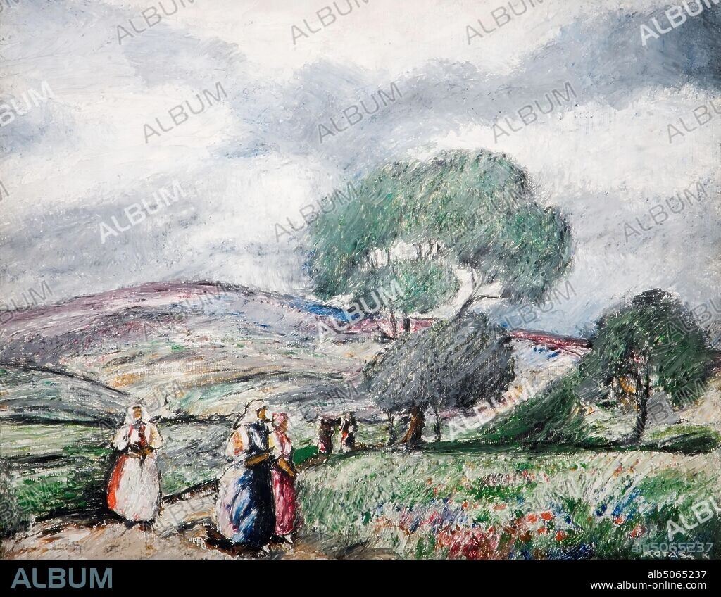 Stormy Landscape With Blue And Red Figures, 1940 By Karoly Kotasz (d.1941), Landscape, Women, Rural, Modernism.