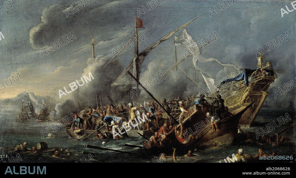 Cornelis de Wael / 'Naval combat between Spaniards and Turks', 17th century, Flemish School, Oil on canvas, 62 cm x 110 cm, P01154.