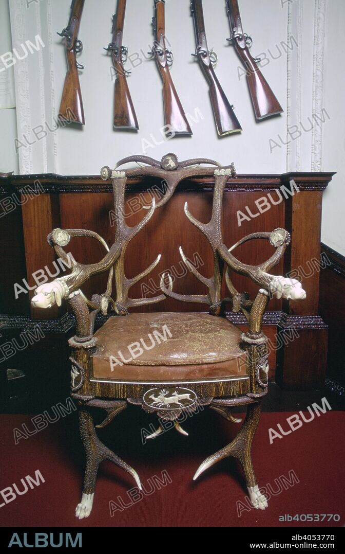 Antler chair, Blair Castle, Blair Atholl, Perthshire, Scotland. The seat of the Earls and Dukes of Atholl, Blair Casle is one of the greatest stately homes in Scotland. In 1746, during the Jacobite Rebellion, it was the last British castle to endure a siege.