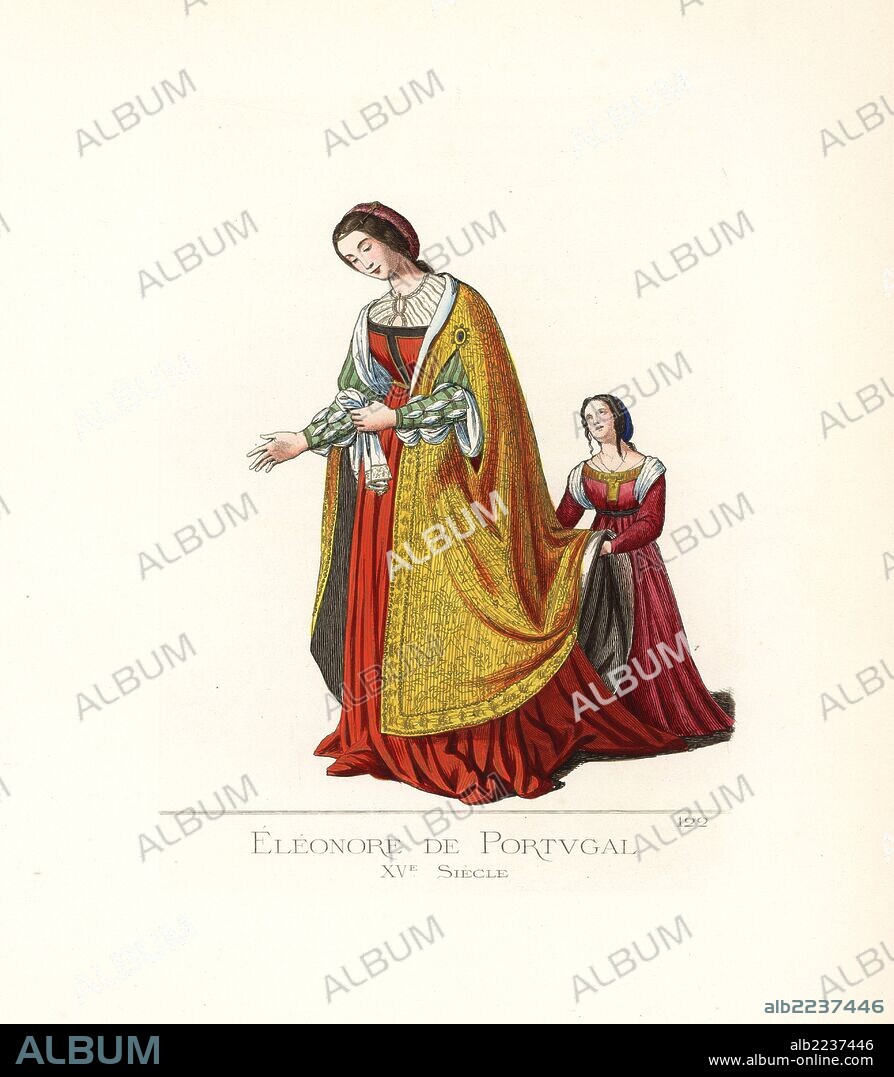 Eleanor of Portugal, (1434-1467), consort of Frederick III, Holy Roman Emperor. She wears a mesh headdress held by a band of gold, a blouse of light veil ornamented with gold, a red dress with green velvet border, and a cape of gold brocade. Her lady in waiting wears a red dress with open shoulders revealing a white blouse. From a fresco by Pinturicchio and Raphael in Siena. Handcoloured illustration drawn and lithographed by Paul Mercuri with text by Camille Bonnard from "Historical Costumes from the 12th to 15th Centuries," Levy Fils, Paris, 1861.