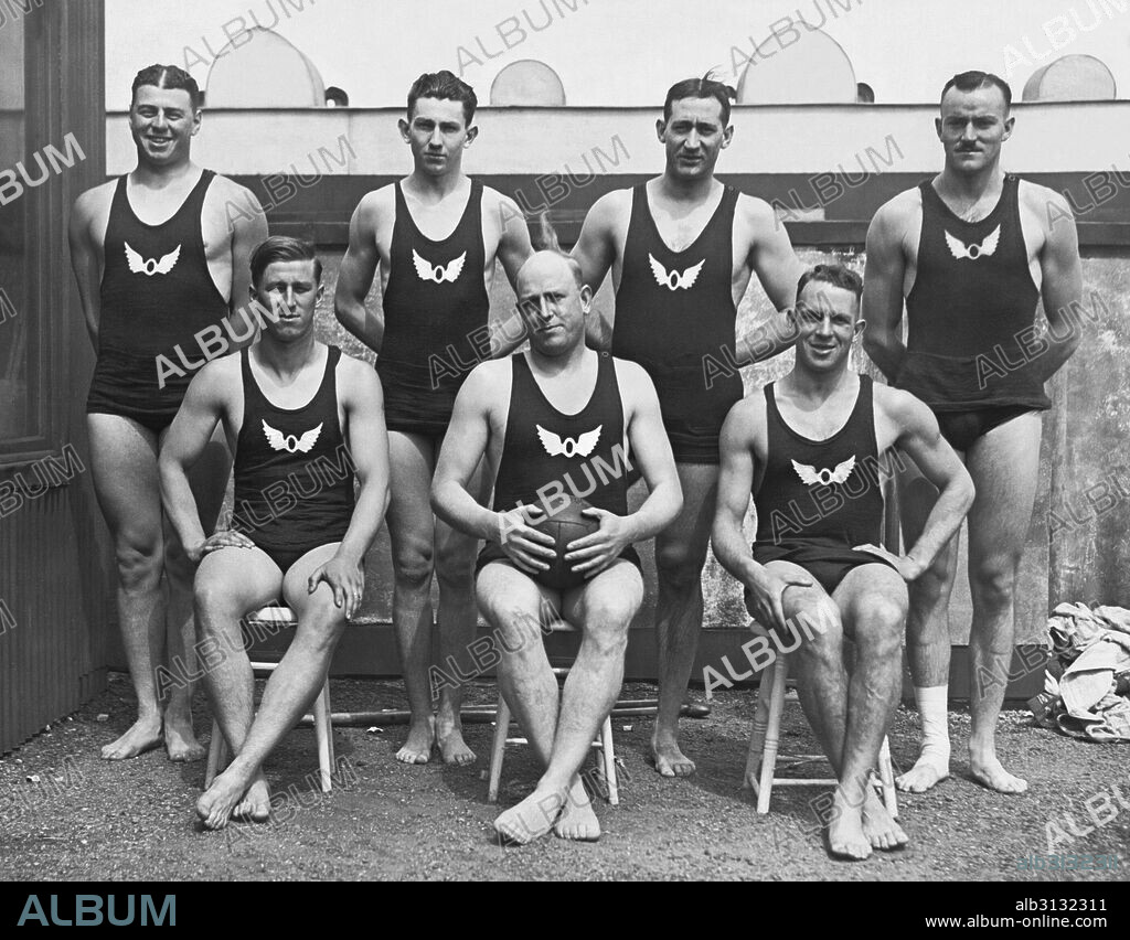 San Francisco, California:  1920 The San Francisco Olympic Club  Water Polo team, winner of the American title in 1920. Behind L-R: Gardner, Steiger, Resleure, Smith. Front L-R: Goodman, Carson, Schultz. They will go to Chicago for the Olympic swimming trials to be held in the Lincoln Park lagoon and will probably be part of the United States team at the Olympic Games in Belgium.