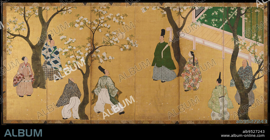 A Kemari (Japanese Football) Game Beneath Cherry Blossoms, 18th century, Unknown Japanese, 63 × 141 15/16 in. (160.02 × 360.52 cm) (image)69 × 147 15/16 × 11/16 in. (175.26 × 375.76 × 1.75 cm) (mount), Ink, color, and gold leaf on paper, Japan, 18th century, This screen pictures a group of young men playing a game of kemari (similar to hacky sack) in a garden near the verandaof a house.