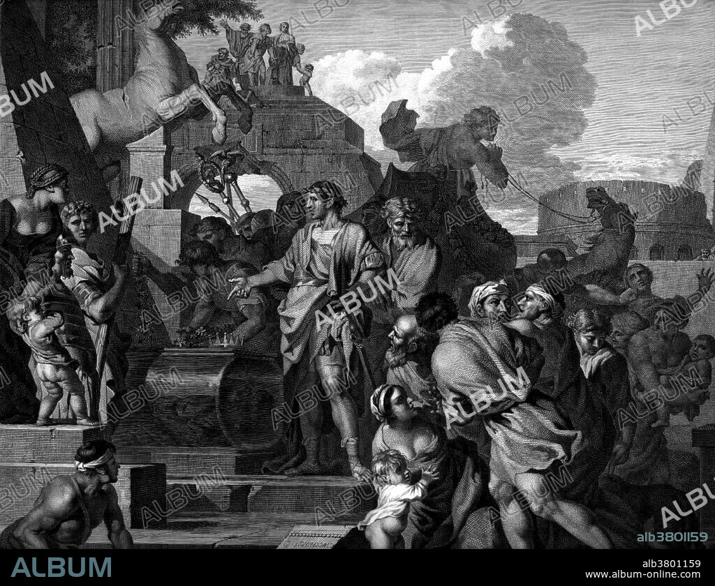 Engraving of SÃ©bastien Bourdon's painting entitled: Augustus before the Tomb of Alexander the Great. Augustus (63 BC-14 AD) was the founder of the Roman Empire and its first Emperor, ruling from 27 BC until his death in 14 AD. Augustus was adopted posthumously by his maternal uncle Gaius Julius Caesar in 44 BC following Caesar's assassination. Together with Mark Antony and Marcus Lepidus, he formed the Second Triumvirate to defeat the assassins of Caesar. Augustus restored the outward facade of the free Republic, with governmental power vested in the Roman Senate, the executive magistrates, and the legislative assemblies. In reality, however, he retained his autocratic power over the Republic as a military dictator. The reign of Augustus initiated an era of relative peace known as the Pax Romana (The Roman Peace). he secured the Empire with a buffer region of client states, and made peace with the Parthian Empire through diplomacy. He reformed the Roman system of taxation, developed networks of roads with an official courier system, established a standing army, established the Praetorian Guard, created official police and fire-fighting services for Rome, and rebuild much of the City during his reign. Augustus died of natural causes in 14 AD at the age of 76.