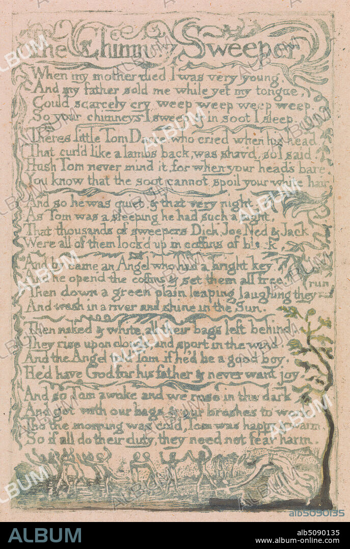 Songs of Innocence and of Experience, Plate 10, 'The Chimney Sweeper' (Bentley 12), Print made by William Blake, 17571827, British, 1789, Relief etching printed in green with pen and ink and watercolor on moderately thick, slightly textured, cream wove paper, Sheet: 7 1/4 x 4 3/4 inches (18.4 x 12.1 cm), Plate: 4 1/2 x 2 7/8 inches (11.4 x 7.3 cm), and Plate: 4 1/2 x 2 7/8 inches (11.4 x 7.3 cm), branches, children, grazing, hills, historical subject, infant, leaf, sheep, sitting, text, vine, women.